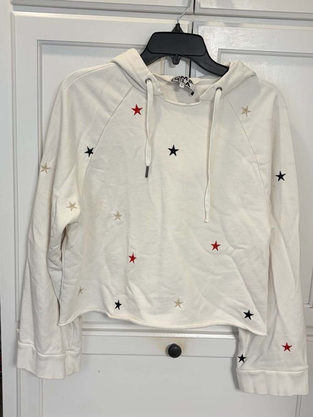 Pam & Gela Crop Hoodie Women’s Off White Embroidered Stars Cotton Sweatshirt